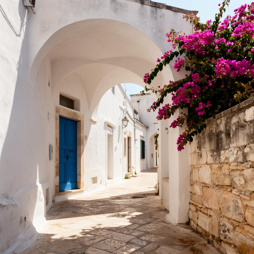Whitewashed arches and bougainvillea in a southern Italian village